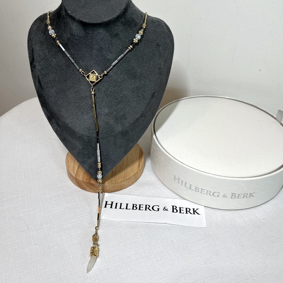 Hillberg & Berk Y NECKLACE natural stones, hematite, Swarovski crystals, gold - Picture 1 of 10